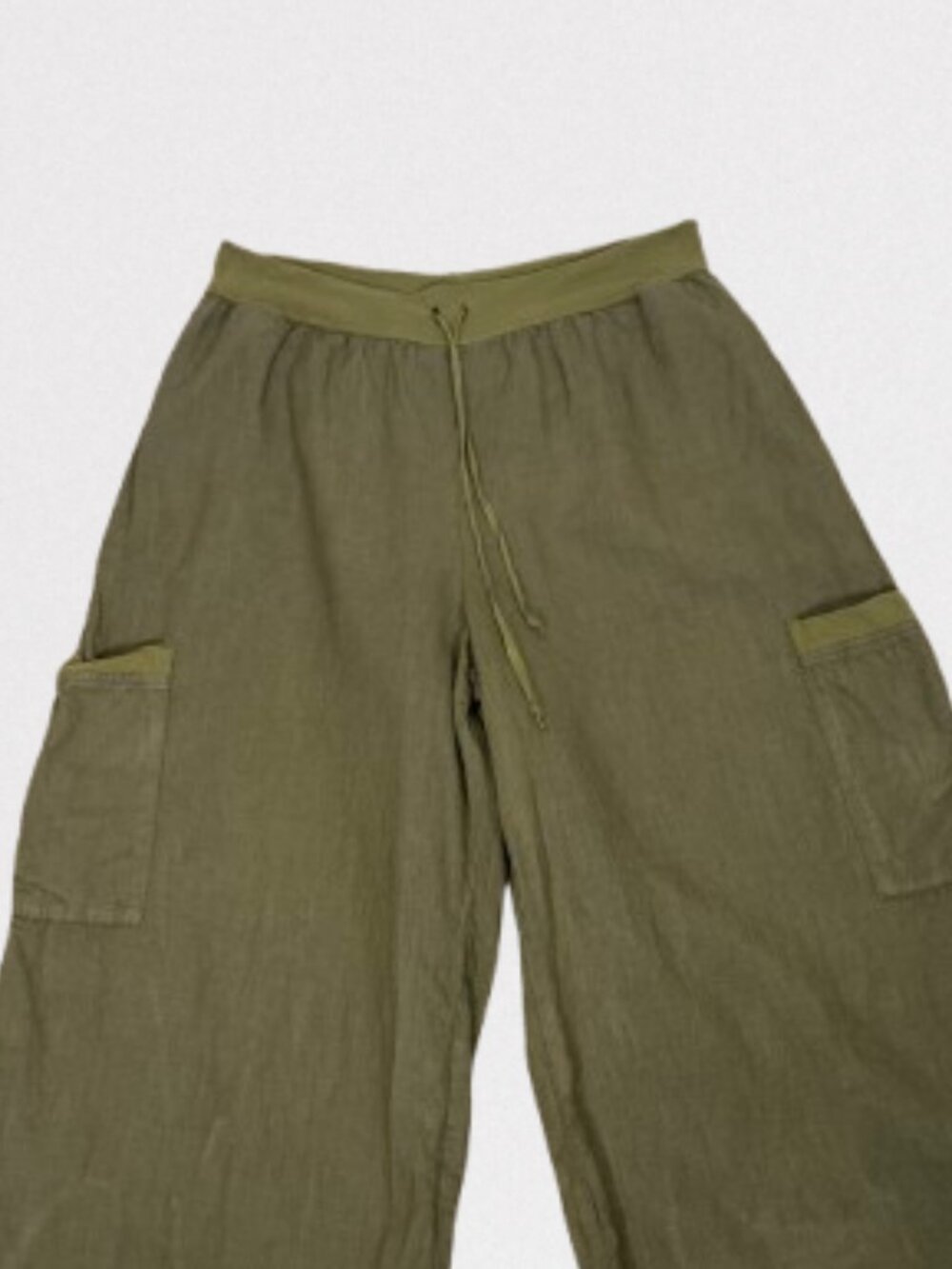 FLAX Women's Linen Cropped Wide Leg Drawstring Pants Size M Olive Green - Picture 3 of 8